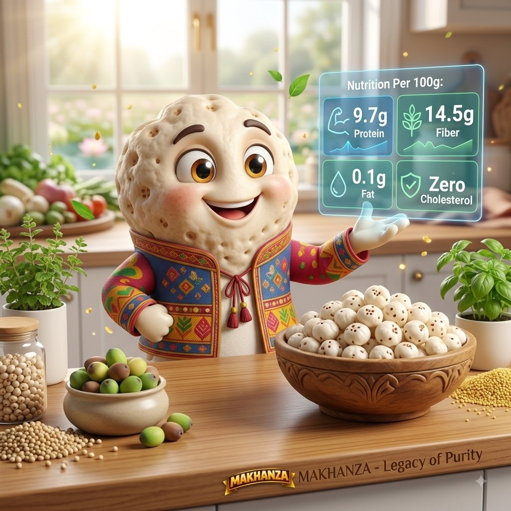 The MAKHANZA character presenting the nutrition per 100g of roasted makhana