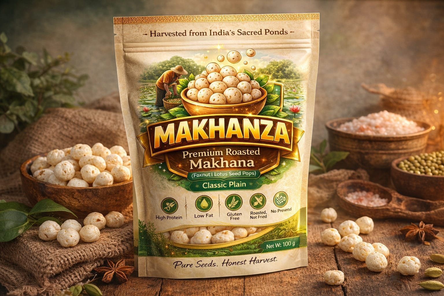 MAKHANZA premium roasted makhana foxnut pack from Bihar