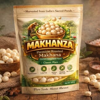 Pack of MAKHANZA roasted phool makhana beside loose foxnuts on a wooden surface